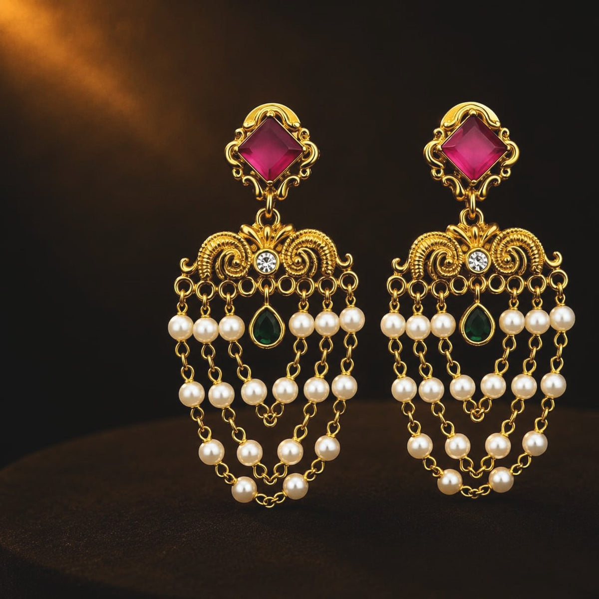 Ruby-toned chandelier earrings with pearl-style chain swags
