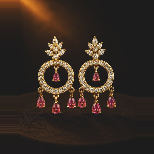 Ruby-toned halo hoop earrings with pear drops