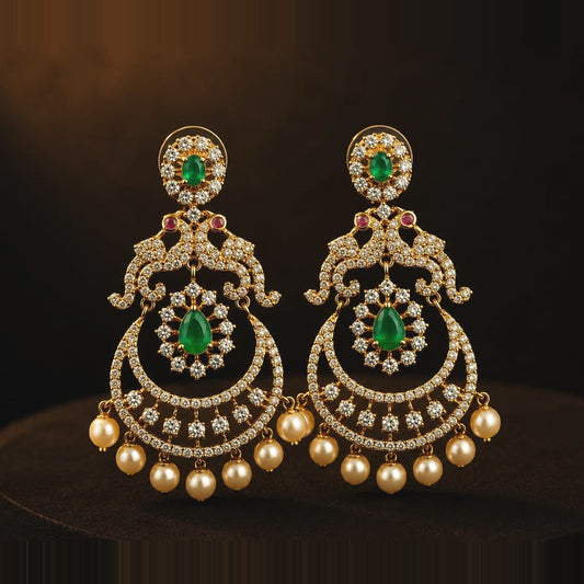 Emerald-toned chandbali earrings with pearl-style drops