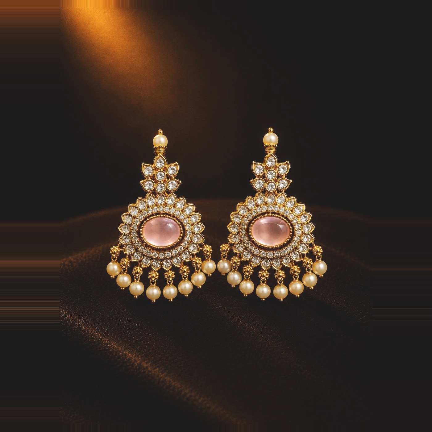 Rose-toned cabochon chandbali earrings with pearl-style fringe