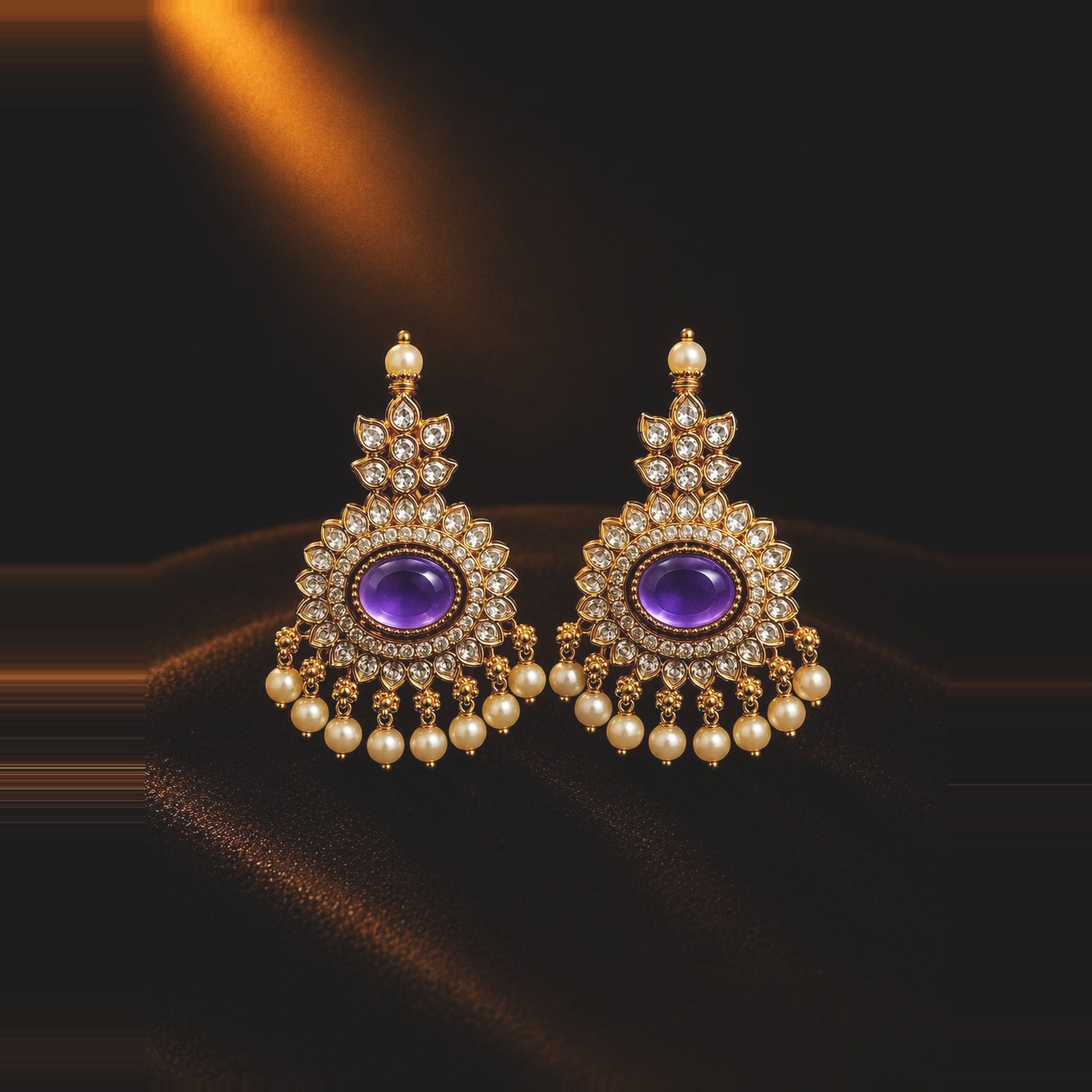 Violet-toned cabochon chandbali earrings with pearl-style drops
