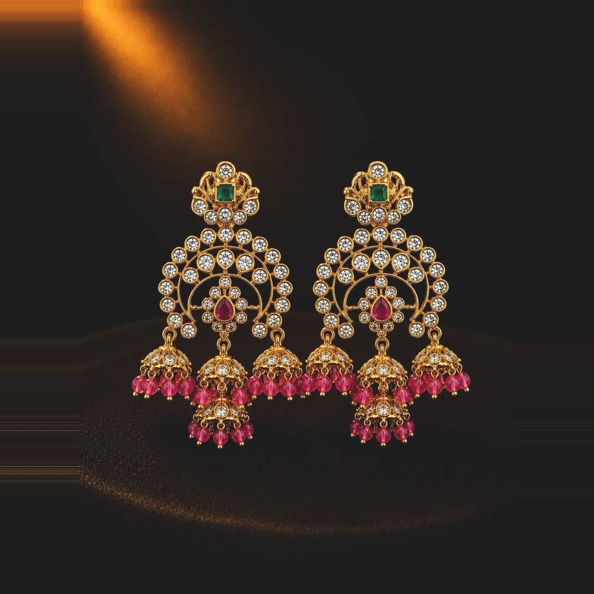 Ruby-toned jhumka chandbali earrings with bell drops