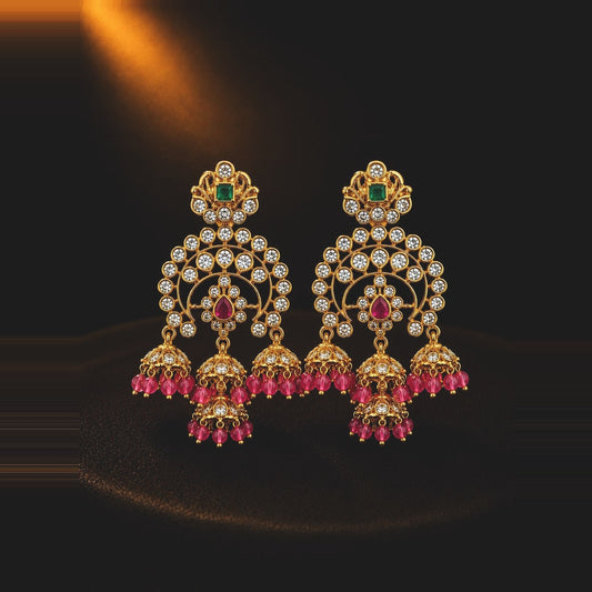 Ruby-toned jhumka chandbali earrings with bell drops