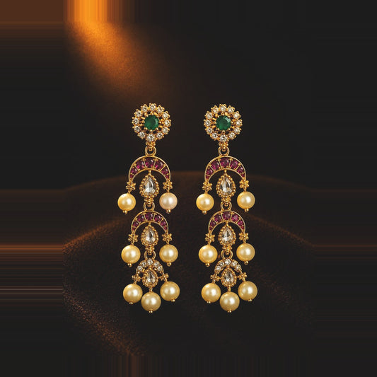 Long tiered cascade earrings with pearl-style drops