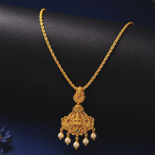 Rope chain necklace with an ornate Lakshmi pendant and jhumka-style drops, front view