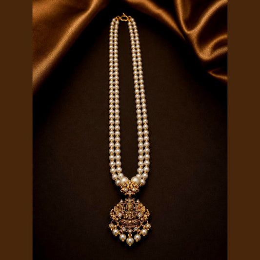 Long double-strand pearl-style necklace with an ornate Lakshmi pendant, front view