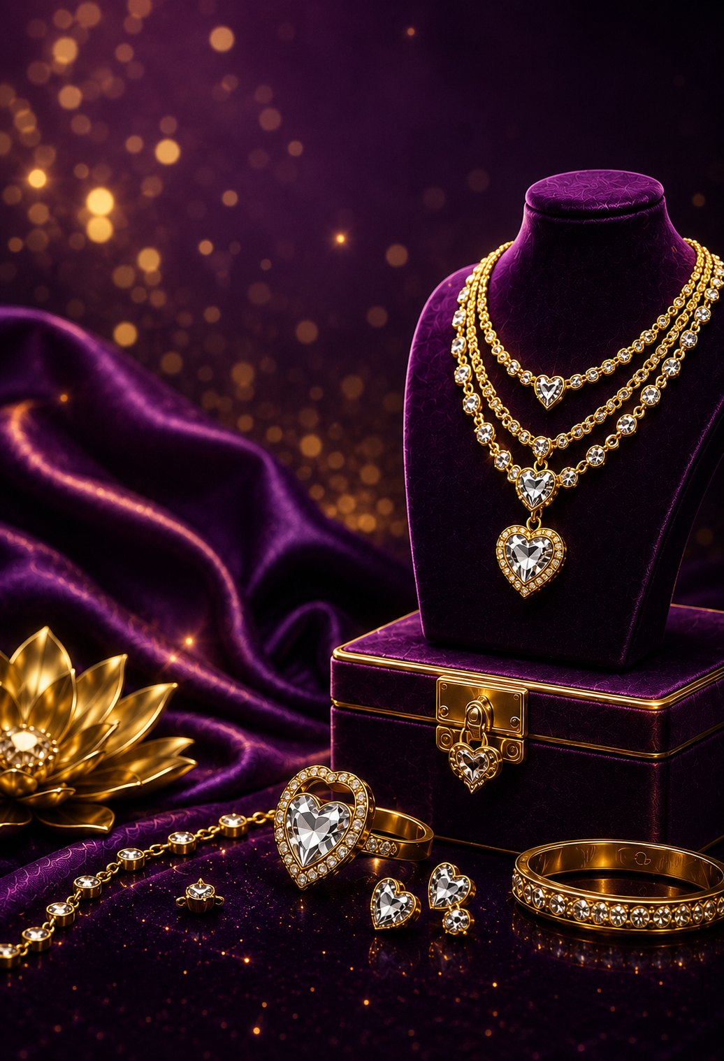 Gold-dipped necklace, rings and bracelet on purple velvet